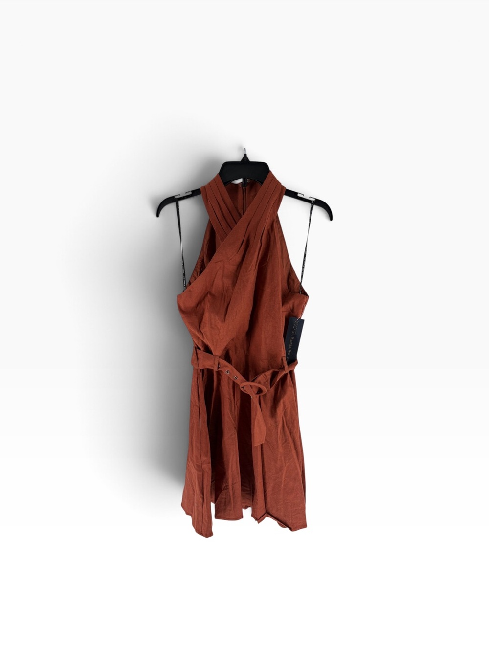 New RACHEL Rachel Roy Rust Cross-Neck Tie-Waist Mini Dress size 12 - Picture 2 of 6